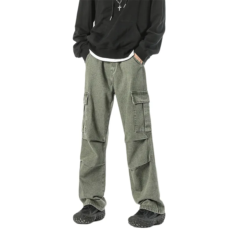 Loose Wide Leg Multi Pocket Straight Pleated Overalls Jeans-3