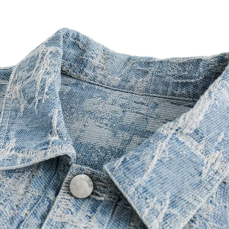 Washed Jacquard Letter Lapel Denim Jacket-2