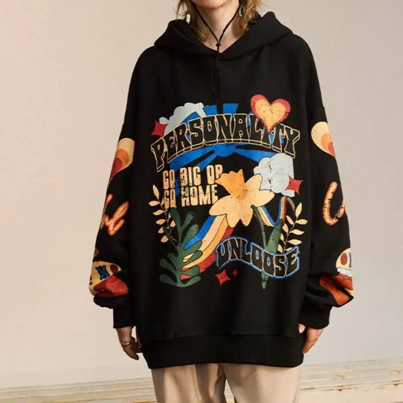 Plus Velvet Polar Fleece Printed Cracked Design Hoodie-1
