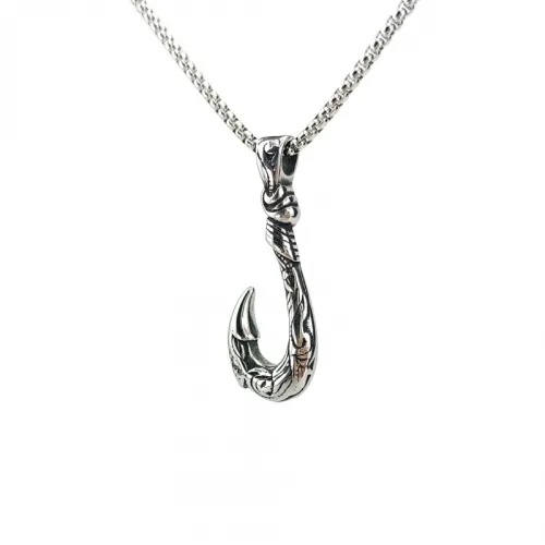 Retro Stainless Steel Fish Pendant Fish Hook Pearl Chain Pendant Necklace