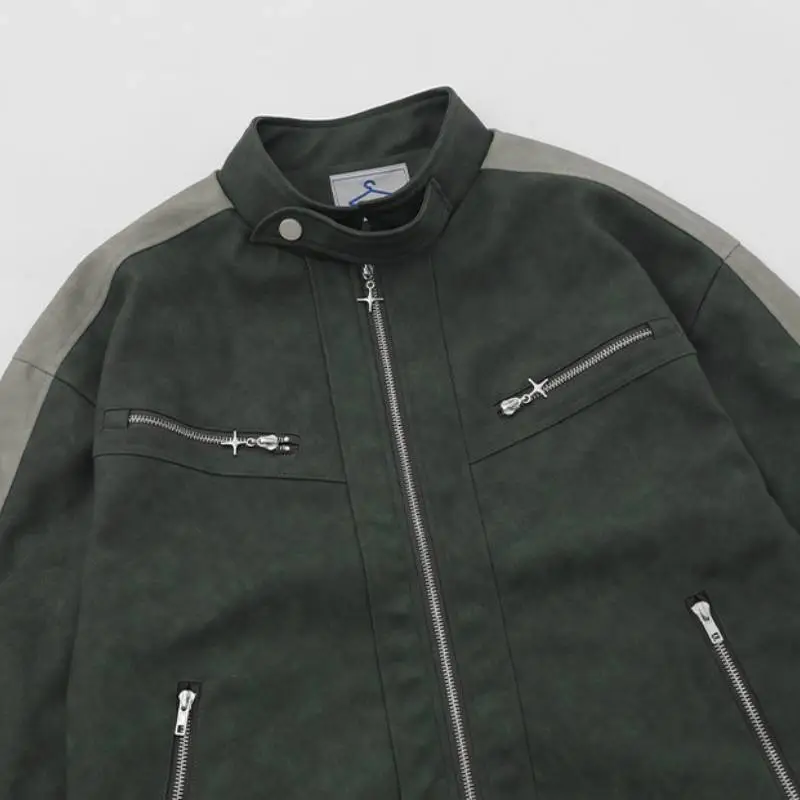 Retro Baseball Stitching Contrast Color Multi Pocket Zipper Pendant Loose Jacket-5