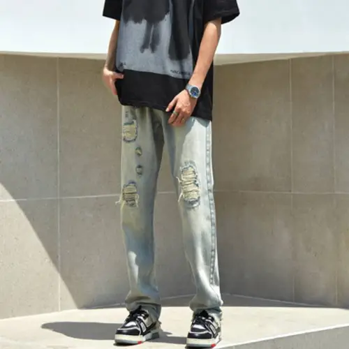 High Street Old Ripped Hole Neutral Long Denim Pants