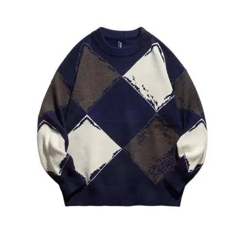 Contrast Color Plaid Crewneck Sweater