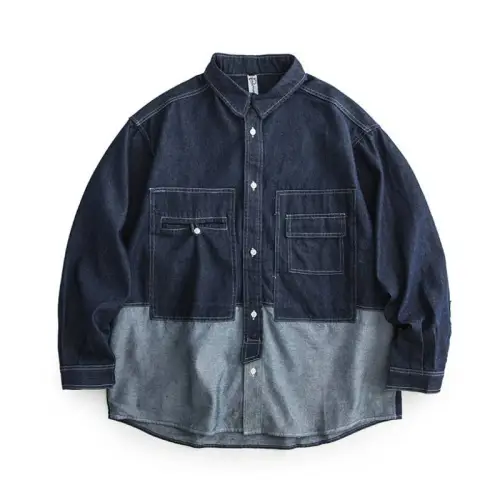 Vintage Washed Primary Color Stitching Multi-Pocket Lapel Denim Shirt