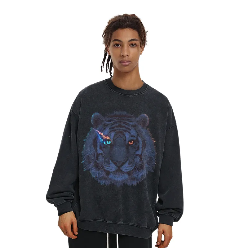 Tiger Head Printed Washed Vintage Loose T shirt-4