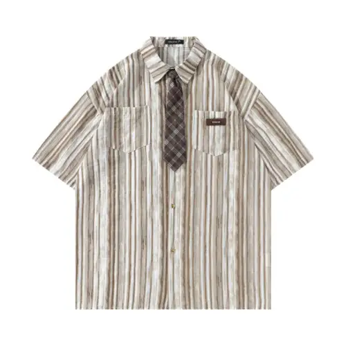 Loose Antique Tie Design Pleated Striped Short Sleeve Shirt