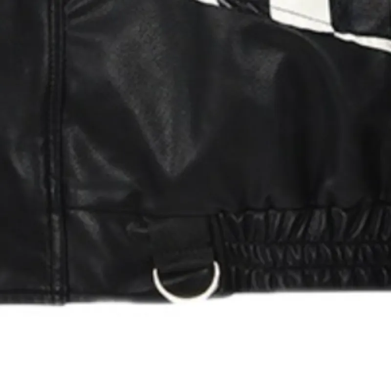 Advanced Sense Niche Chessboard Black and White Stitching Contrast Color Leather Jacket-3