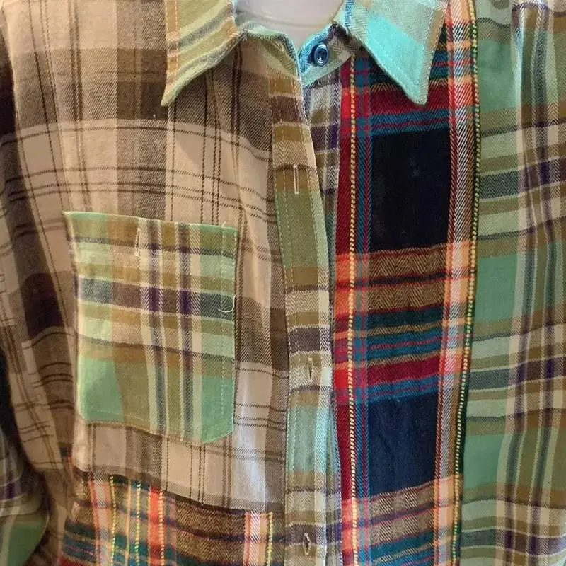 Retro Contrast Color Plaid Stitching Shirt-5