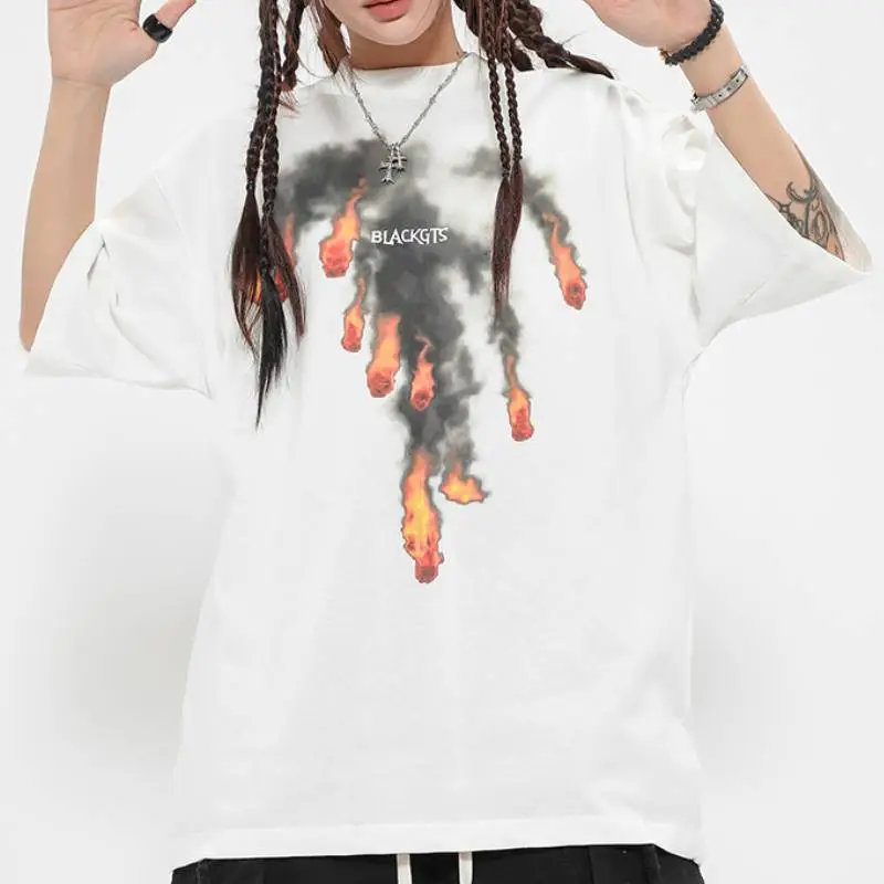 Oversize Fireball Printed Loose Crewneck Cotton Short sleeved T shirt-7