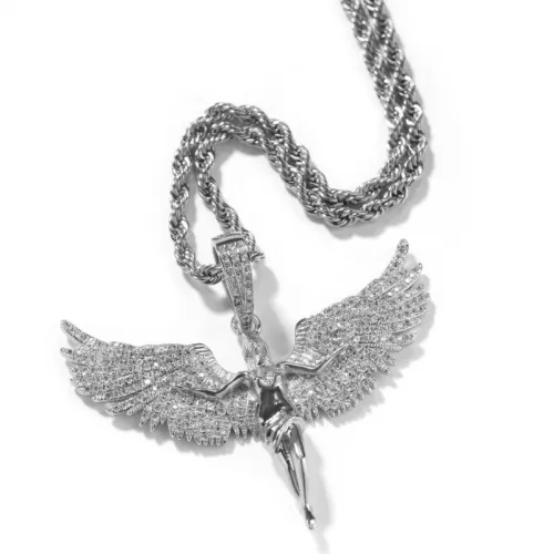 Retro Neutral Style Gold Diamond Angel Wings Rap Hip-hop Necklace