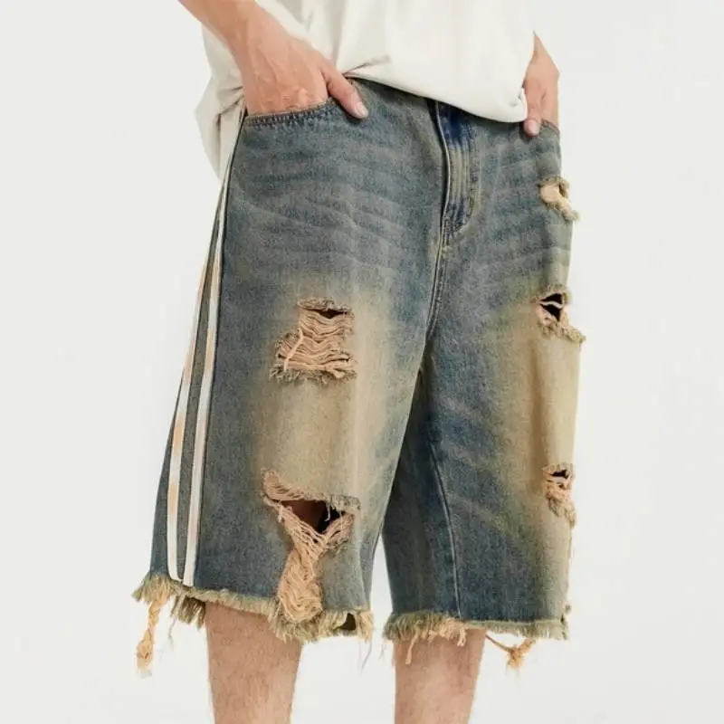 Hip Hop Street Striped Denim Shorts-2