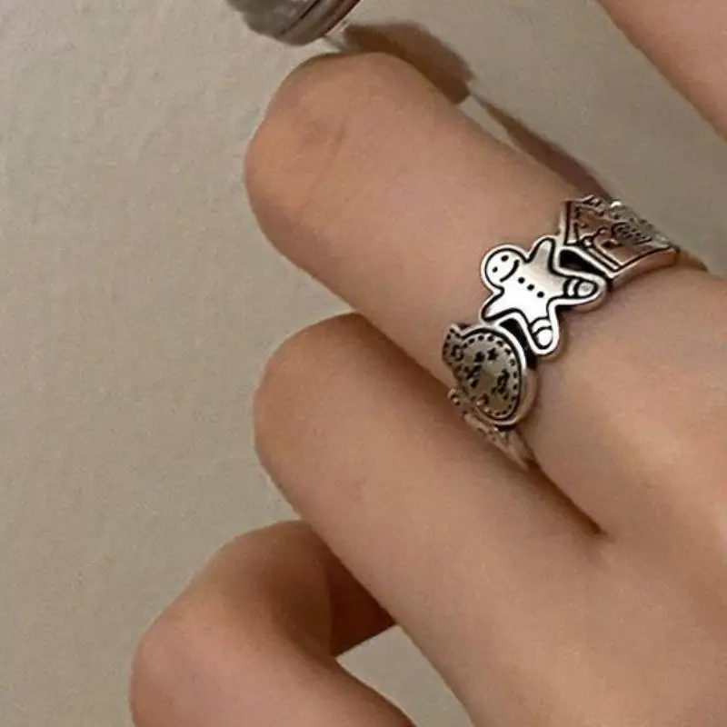 Gingerbread Man Sterling Silver Smiley Ring Ins Niche Design Sense Index Finger Fashion Personality Minimalist Circle Student Ring-1