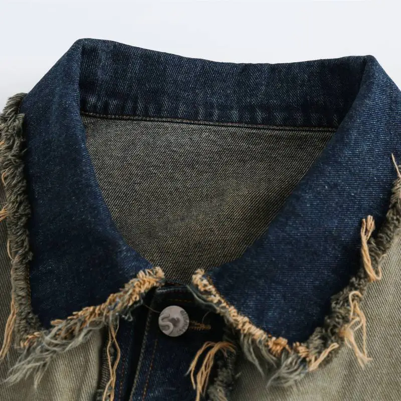 Retro Destroyed Raw Edge Patchwork Denim Jacket-4