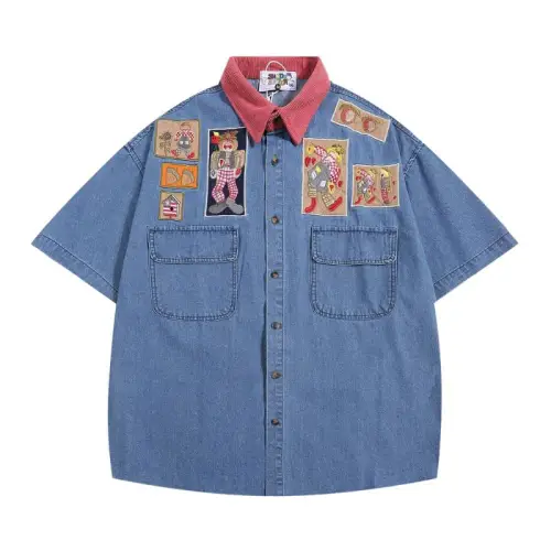 Vintage Embroidered Corduroy Color Split Denim Shirt