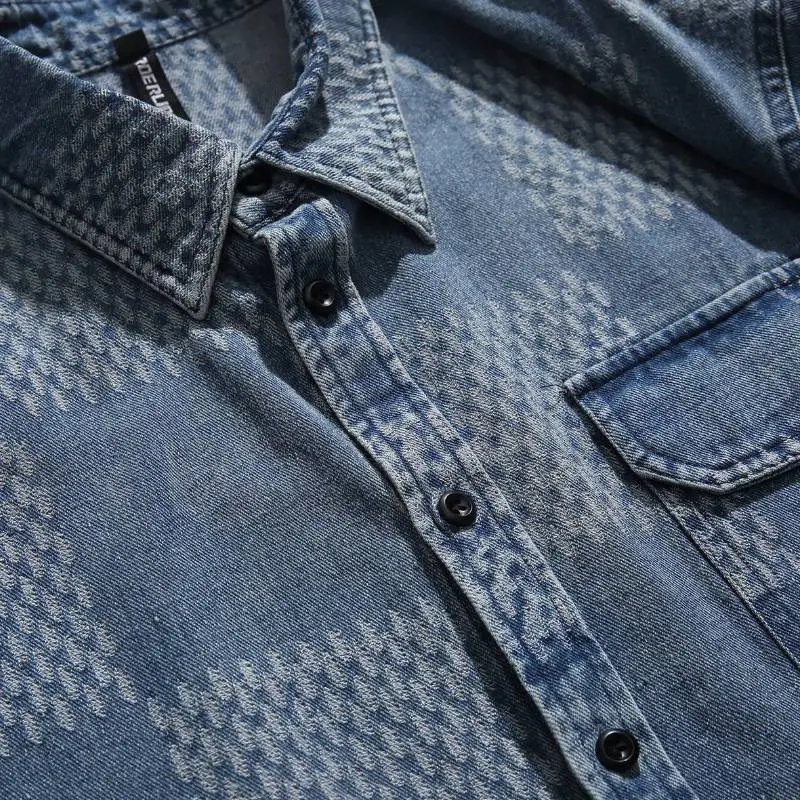 Retro Denim Plaid Short Sleeved Shirt-8