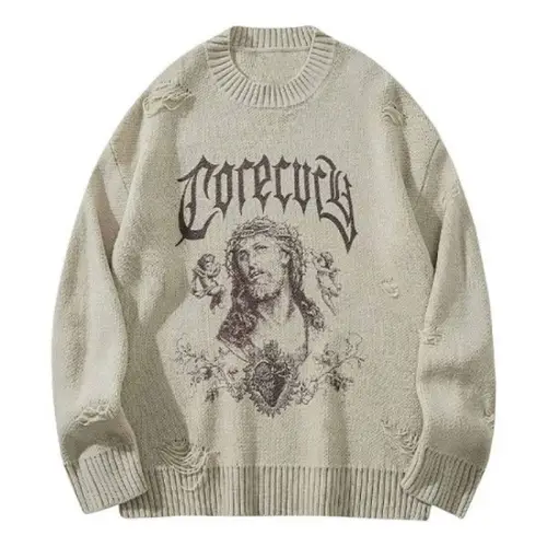 Retro Greek God Print Round Neck Sweater