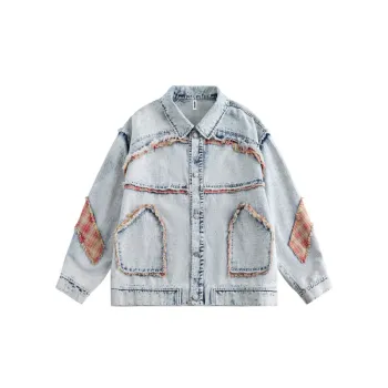 Washed Retro Patchwork Plaid Denim Jacket