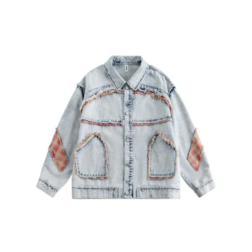 Washed Retro Patchwork Plaid Denim Jacket