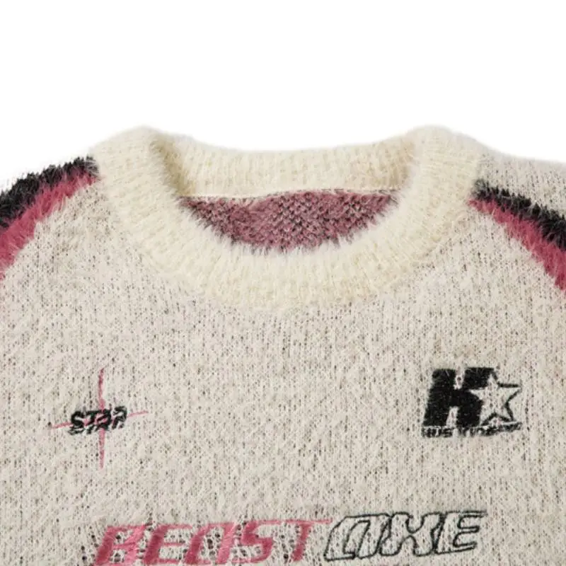 Hip Hop Stitching Contrast Color Crewneck Sweater-4