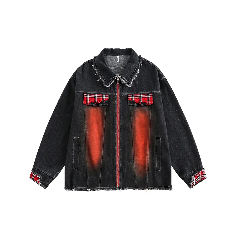 Rough Edge Decorative Color Matching Denim Jacket-0