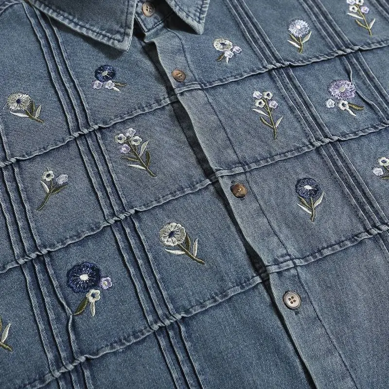 Washed Retro Floral Denim Shirt-3
