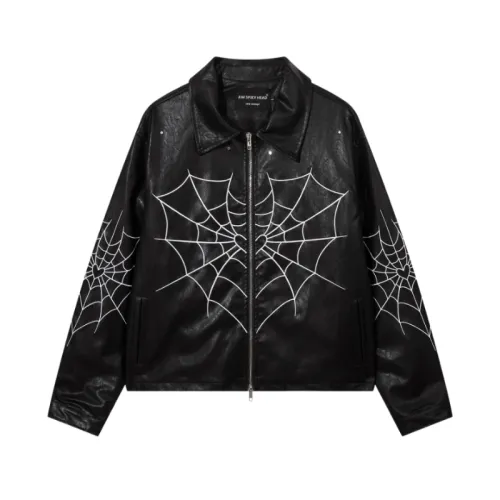 Dark Style Hiphop Heavy Embroidered Spider Web PU Leather Jacket