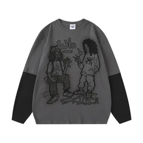 Retro Cartoon Printing Niche Design Contrast Color Stitching Fake Two-piece Long-sleeved Crewneck T-shirt