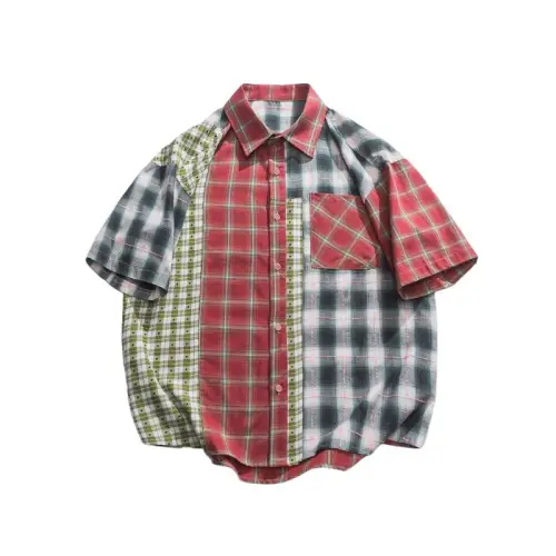 Splicing Plaid Design Loose Short-Sleeved Lapel Shirt