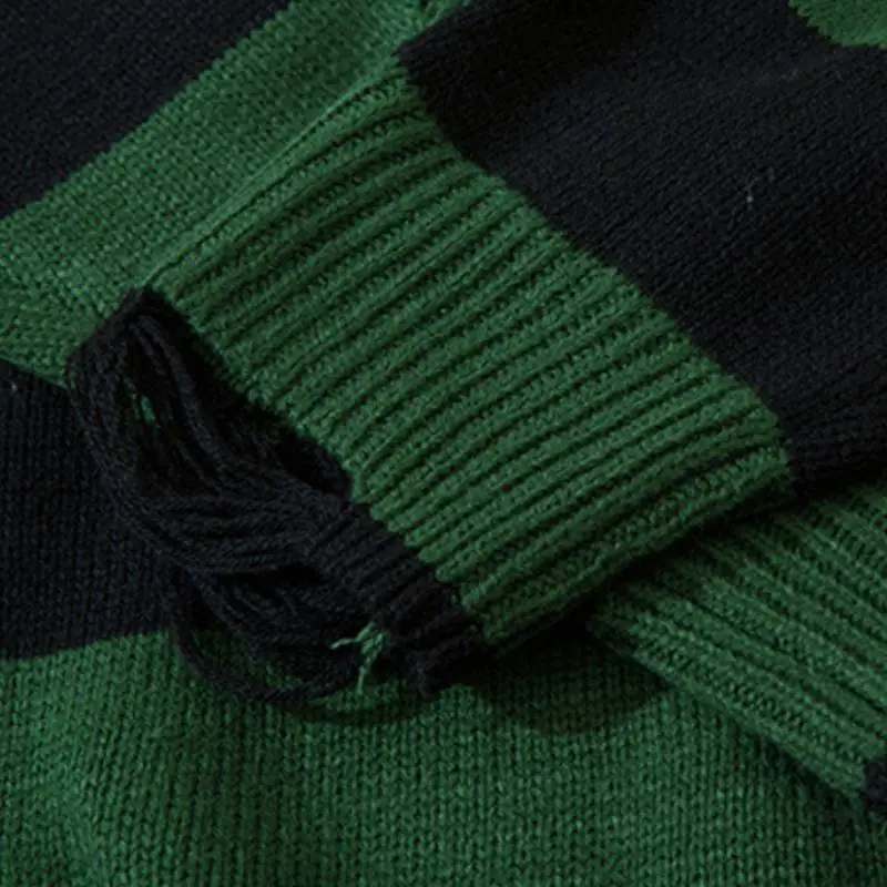 New Striped Hole Vintage High Street All match Loose Sweatshirt-5