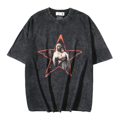 Gothic Religious Washed Old Graffiti Pentagram Vintage Short Sleeve T-shirt