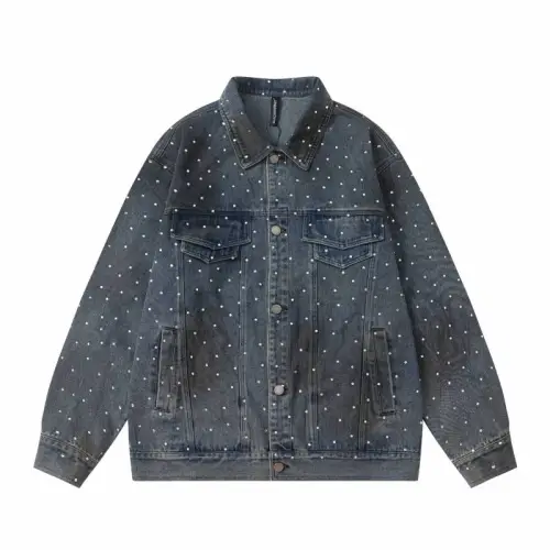 Diamond-Studded Ink-Splashed Denim Jacket