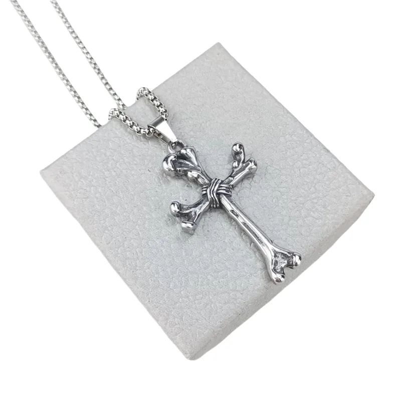 Retro Titanium Steel Bone Cross Pendant Punk Personality Necklace-3