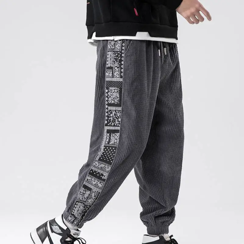 New Style National Fashion Corduroy Casual Cashew Flower Stitching Sports Pants swag OOTD-8