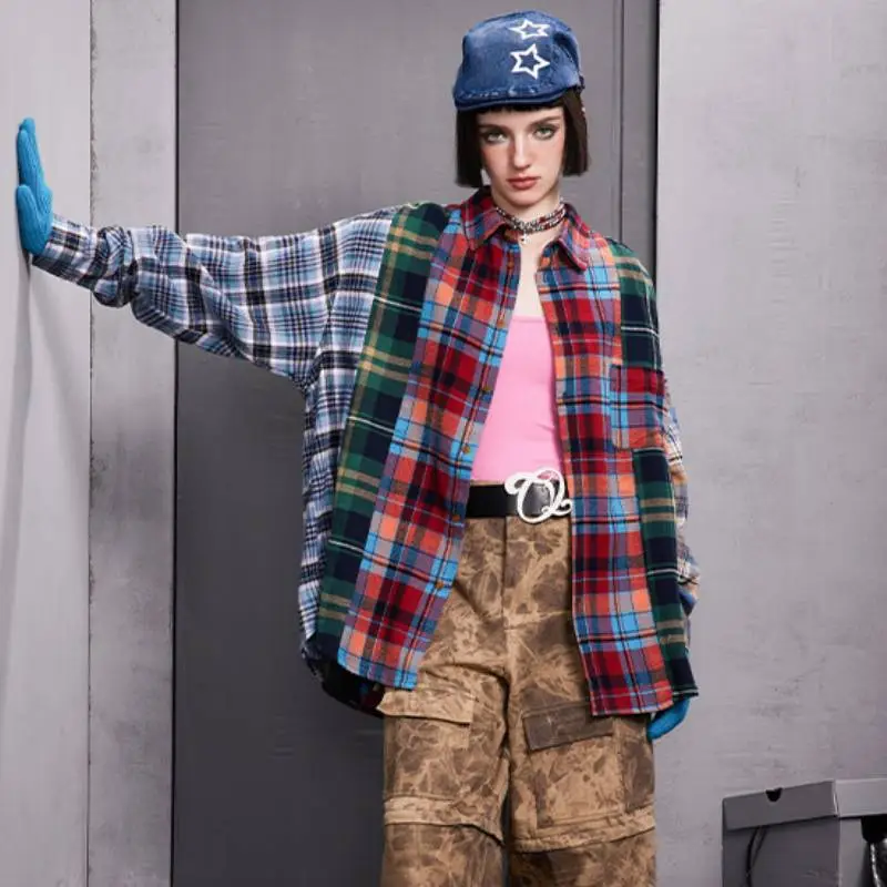 New Style Retro Color Stitching Plaid Loose Shirt Jacket swag OOTD-9
