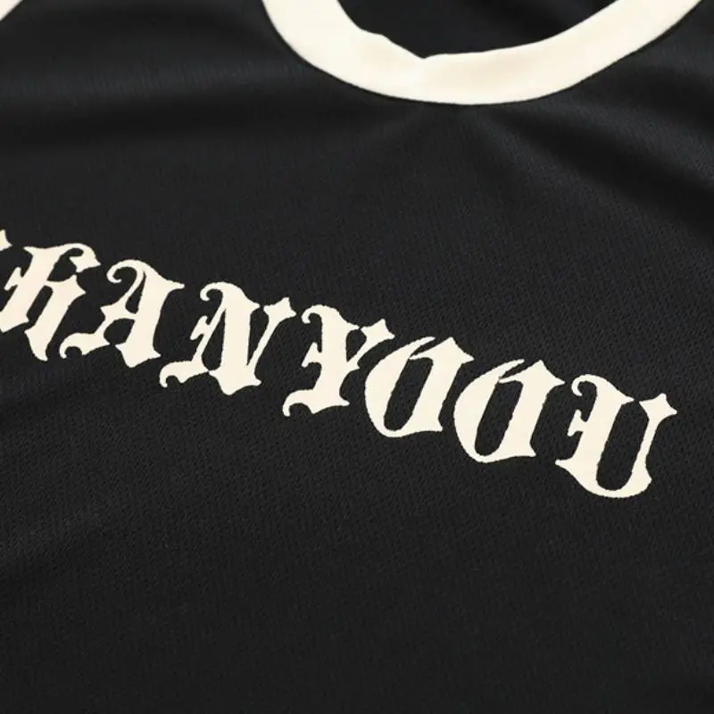 Breathable Mesh Fake Two Piece Letters Printed T Shirt-3