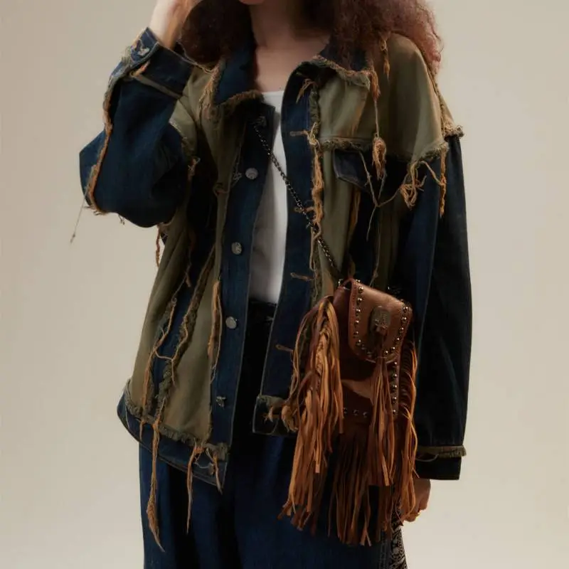 Retro Destroyed Raw Edge Patchwork Denim Jacket-2