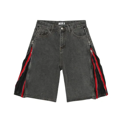 Retro High Street Black And Red Double Zipper Washed Old Denim Shorts