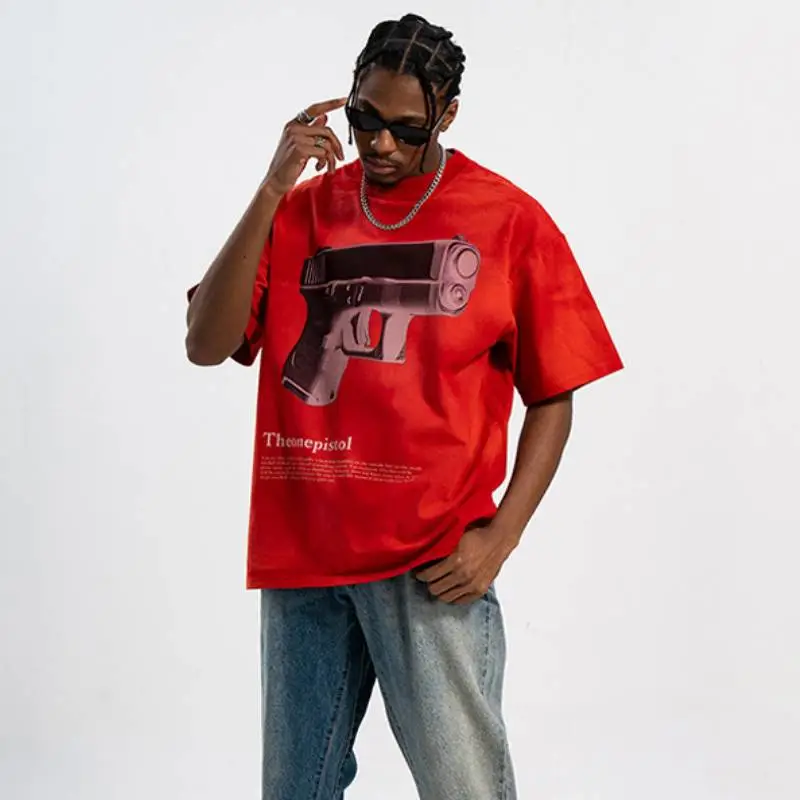 Retro Spray Paint Pistol Printed Shoulder Loosen Fashion T Shirt-2