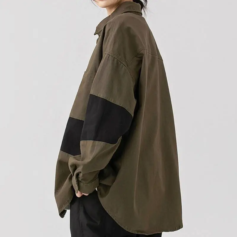 Long sleeved Retro Stitching Contrast Color Trendy Shirt-2