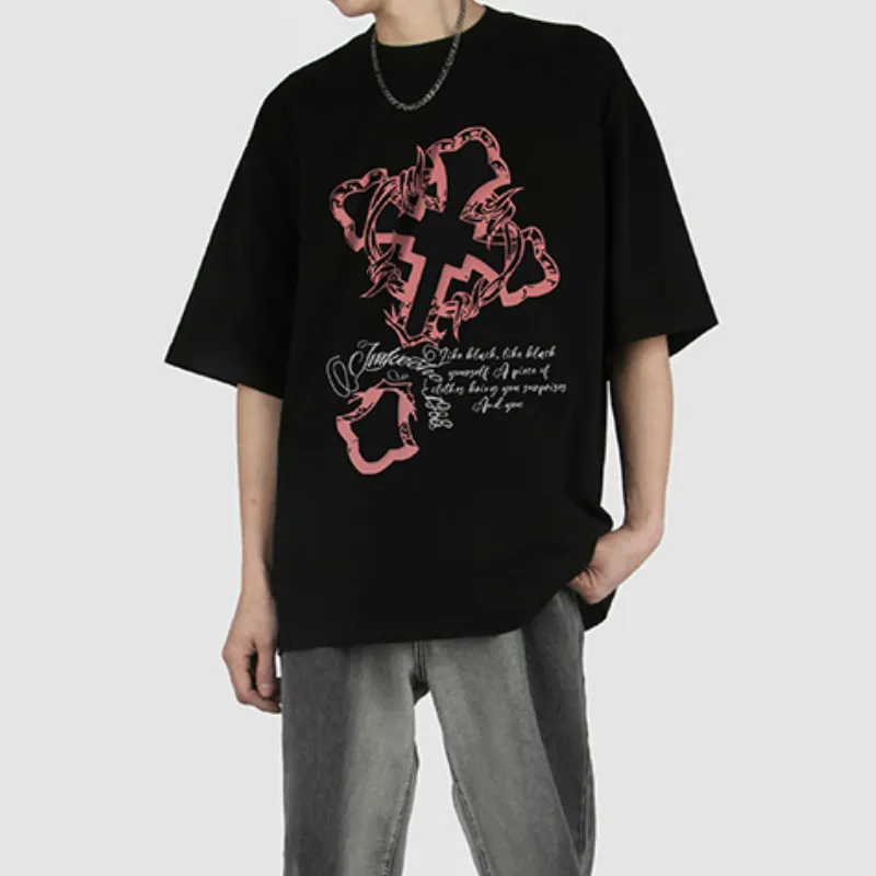 Retro Dark Cross Printed Washed Short sleeved T shirt-8