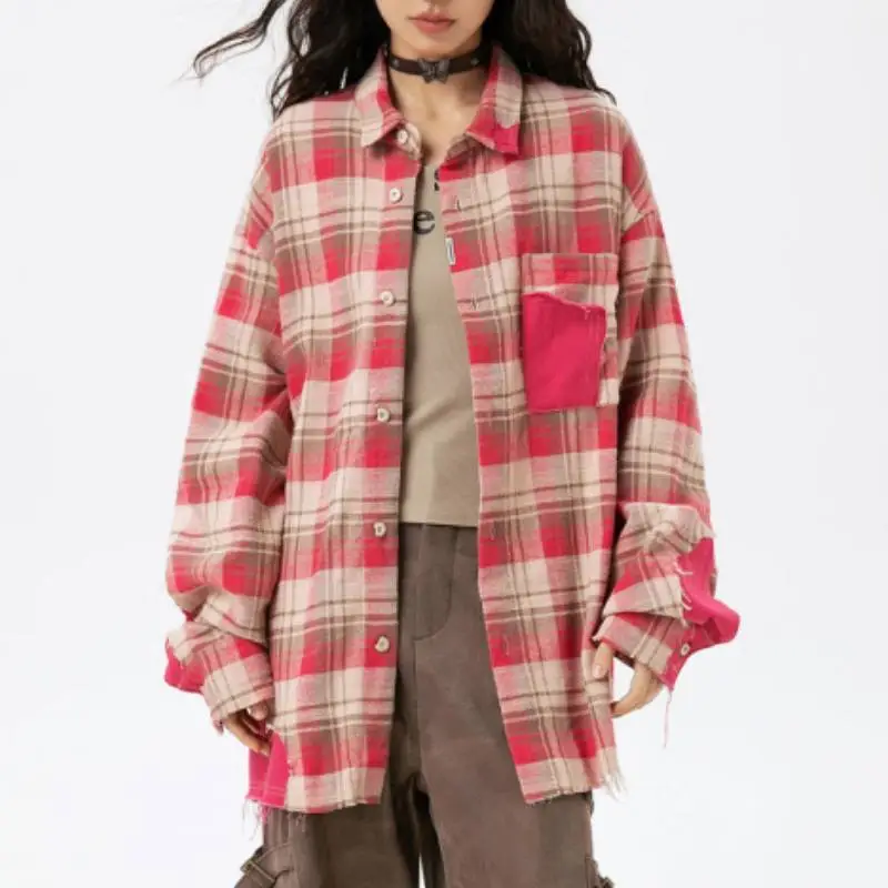 Retro Plaid Tassel Destruction Long Sleeved Shirt-2