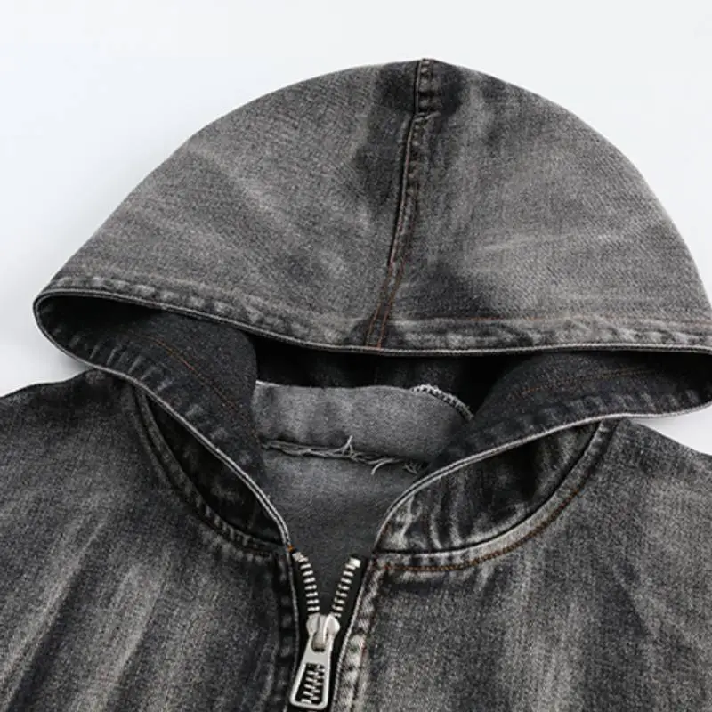 Vintage Gradient Casual Hooded Denim Jacket-3