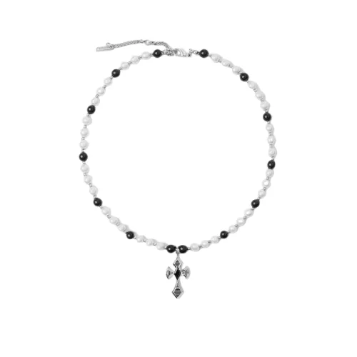 Vintage Black and White Pearl Necklace with Cross Pendant