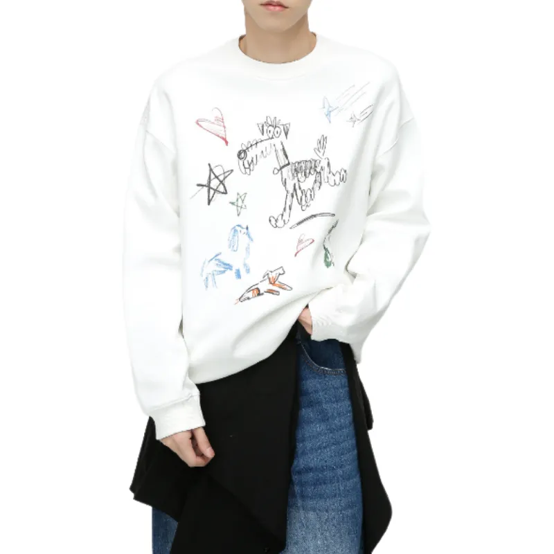 New Retro Graffiti Printing Loose Plus Velvet Crew Neck Hoodie-1