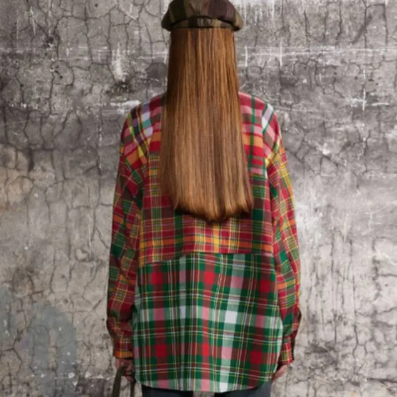 Contrast Color Stitching Christmas Style Pattern Plaid Long Sleeve Trendy Shirt-5