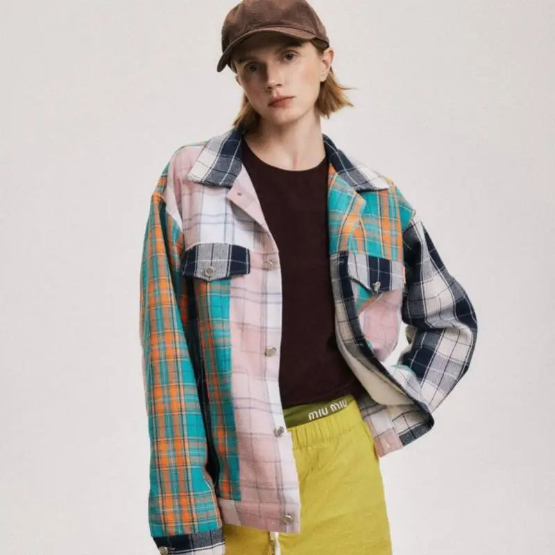 Loose Patchwork Plaid Contrast Color Jacket-2