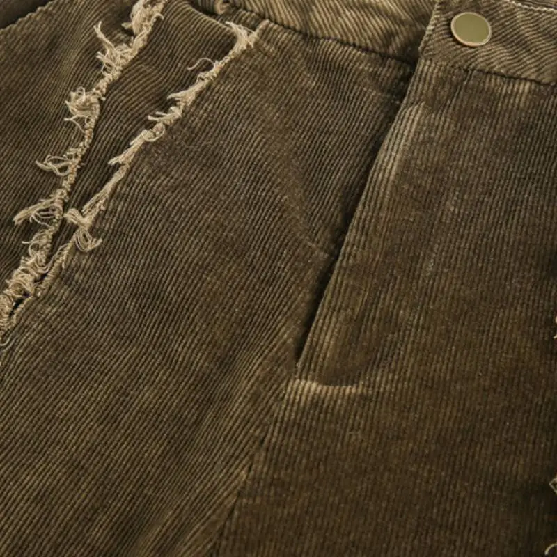Corduroy Casual Color matching Cat Whare Loose Wide leg Straight Pants-3