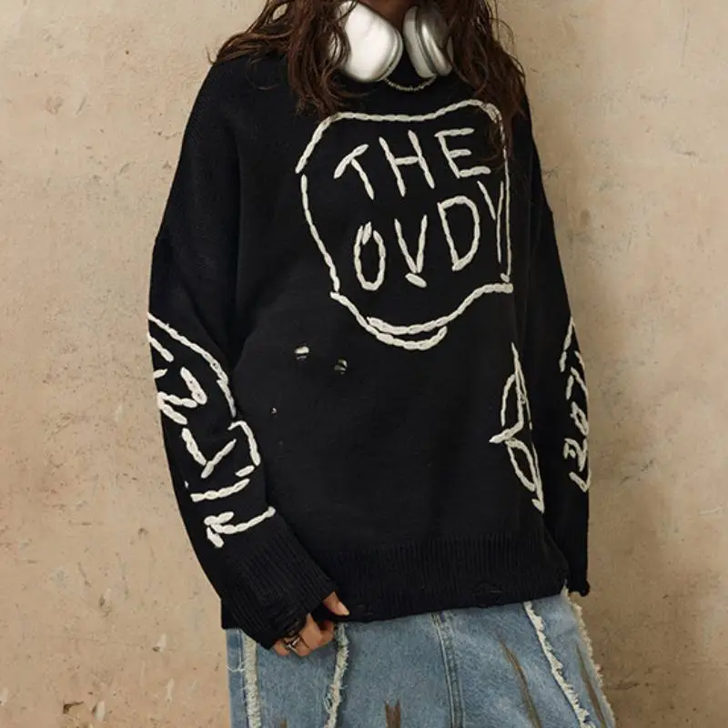 Trendy Embroidered Letters Ripped Crewneck Loose Knitted Sweater-2