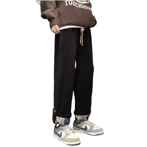 Loose Wide Leg Fashionable Sports Fleece-Lined High Street Straight Casual Pants