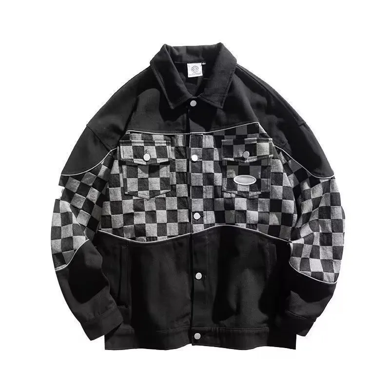 New Style Chessboard Stitching Denim Jacket-0